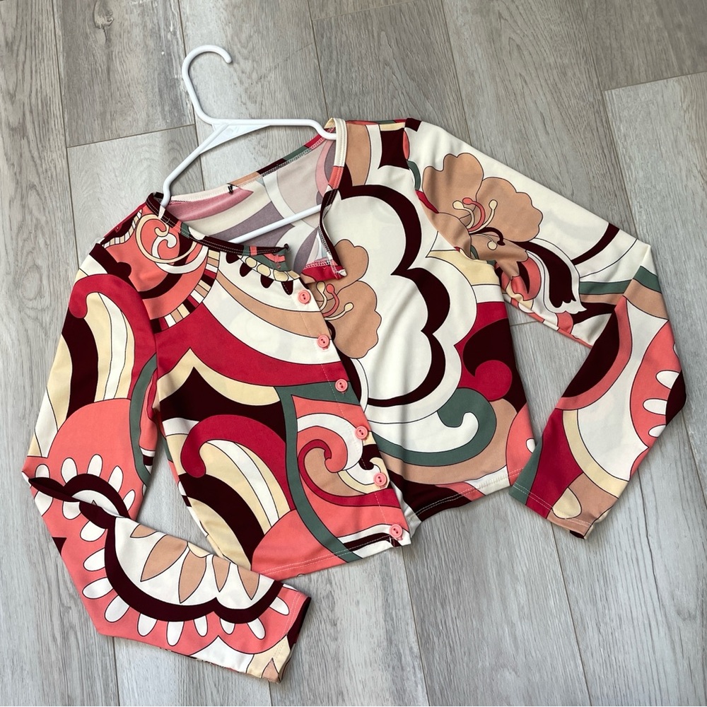 Vintage Abstract Cardigan funky printed crop womens Pink medium bold psychedelic